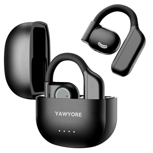 YAWYORE Open-Ear-Kopfhörer, kabellos, Bluetooth 5.3, Ohrhörer mit Ohrbügel, Mikrofon, klarer Klang, 60 Stunden Spielzeit, IPX7 wasserdicht, geringes Gewicht, bequeme Passform, geeignet für Lauftraining (schwarz)