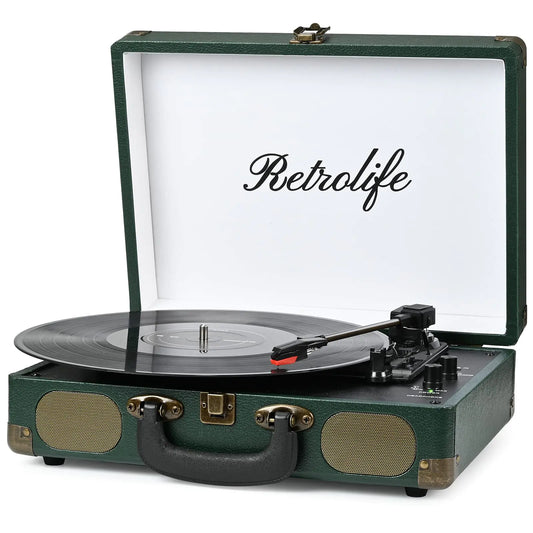 Plattenspieler mit Lautsprechern, 3-Gang-Bluetooth, Koffer, tragbarer Vinyl-Plattenspieler, Riemenantrieb, RCA-Line-Out, AUX-In, Kopfhöreranschluss, Vinyl, Vintage-Plattenspieler, Dunkelgrün