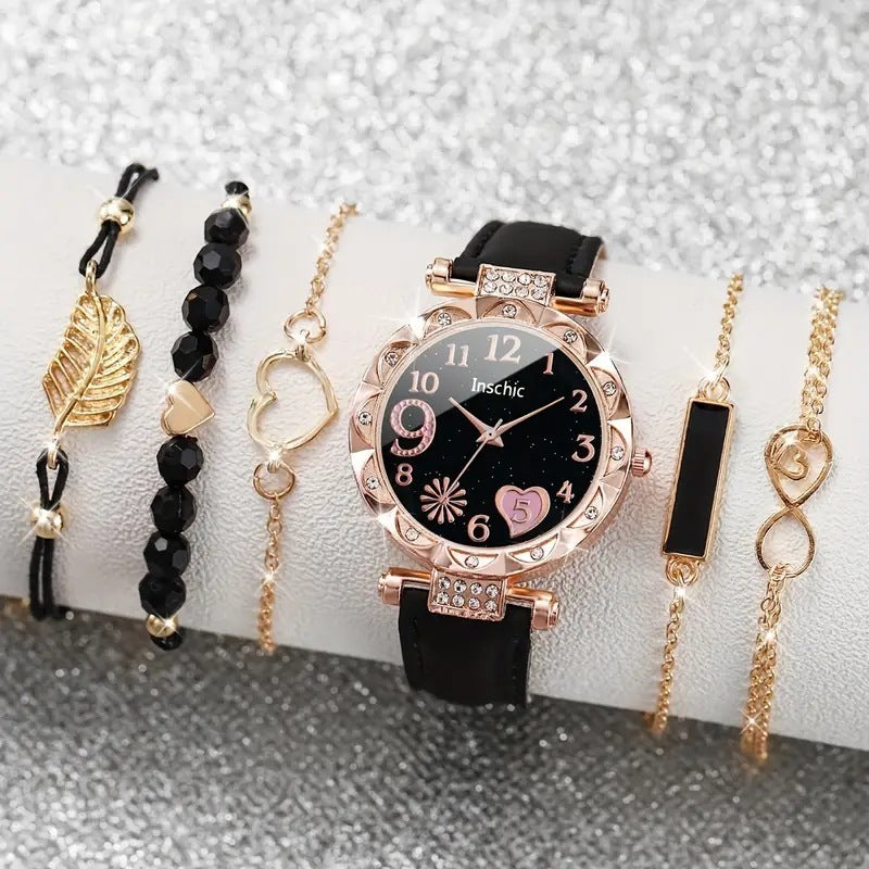 Damen Diamant Zifferblatt Gürtel Quarzuhr Perlen Armband Anzug