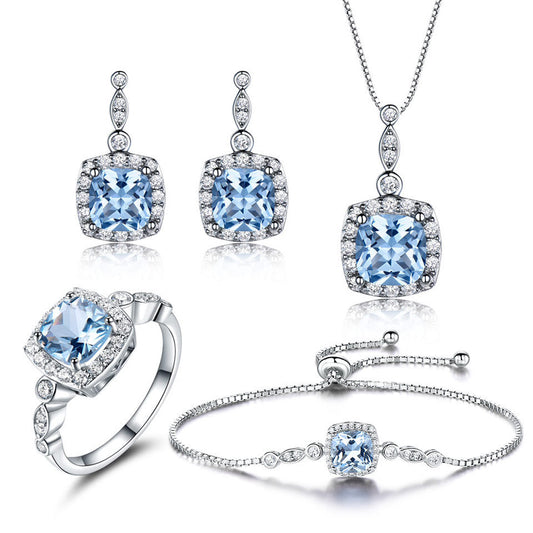 Collar de plata de ley 925 con topacio azul cielo, conjunto de cuatro piezas