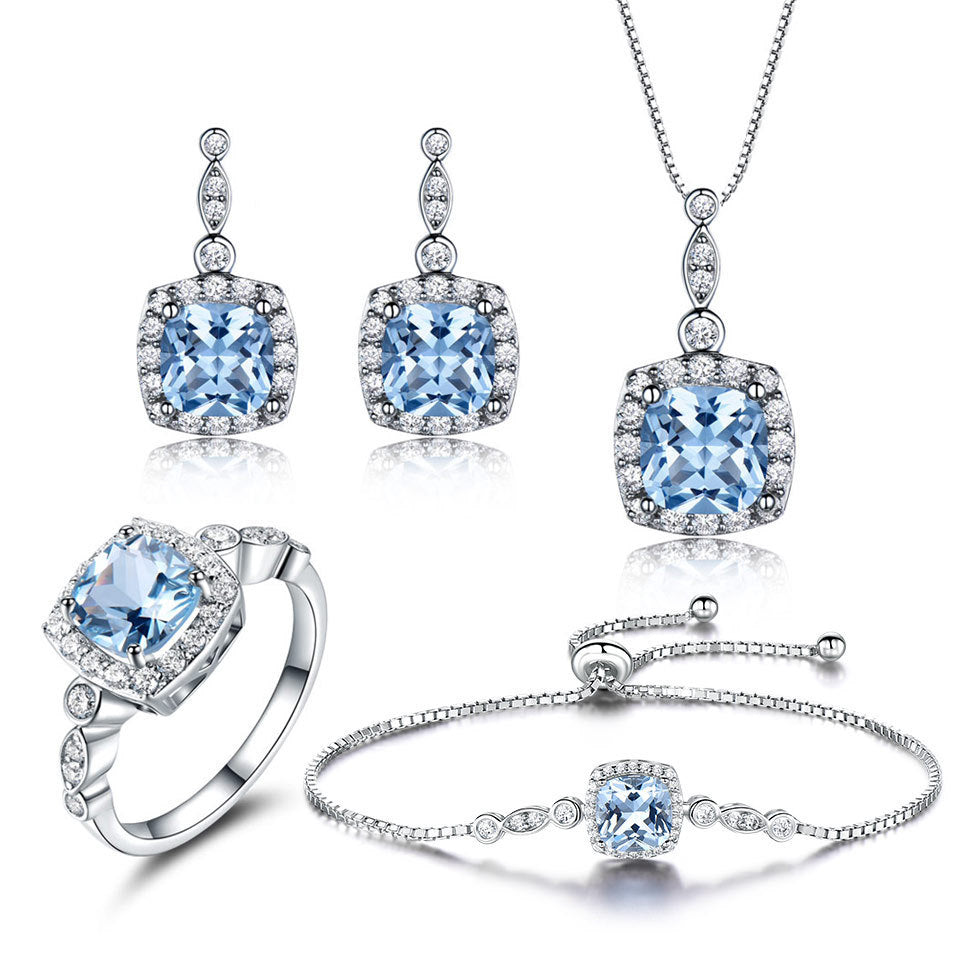 Collar de plata de ley 925 con topacio azul cielo, conjunto de cuatro piezas