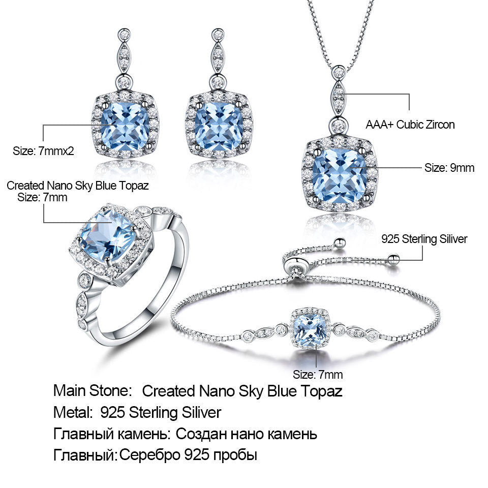 Collar de plata de ley 925 con topacio azul cielo, conjunto de cuatro piezas